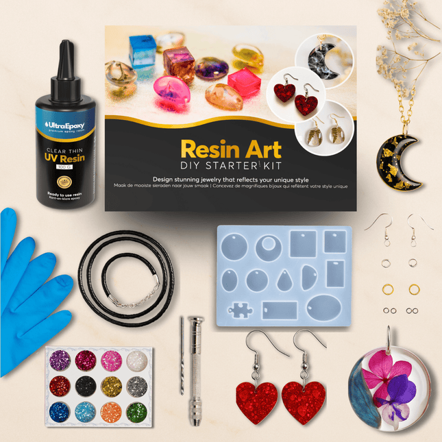 Epoxy starterspakket sieraden met siliconen mal, uv resin epoxy, ketting, hanger, glitter pigmenten en handschoentjes