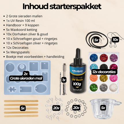 Epoxy starterspakket sieraden met siliconen mal, uv resin epoxy, ketting, hanger, glitter pigmenten en handschoentjes